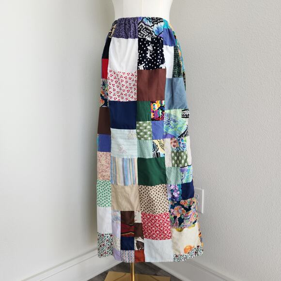 American Vintage Dresses & Skirts - Vintage 70s Handmade Multicolor Patchwork Maxi Skirt Elastic Waist L XL